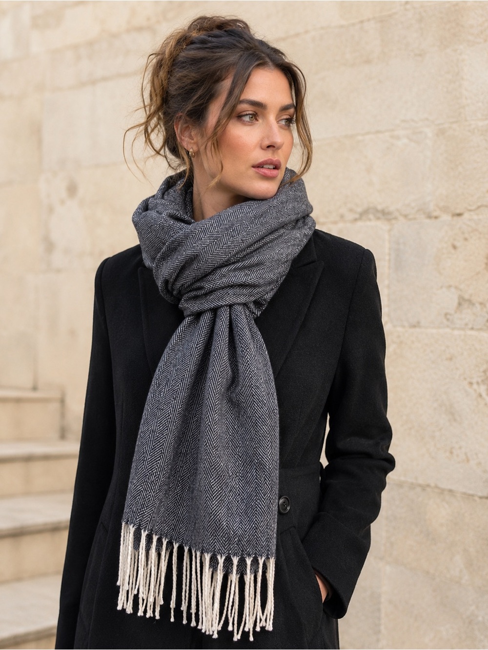 Luxury 100% Cashmere Scarf Made in Scotland Gray Herringbone Fringe Classic OS